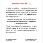 Documento íntegro: Colegio Médico y Andeclip anuncian suspensión de consultas a afiliados ARS-HUMANO