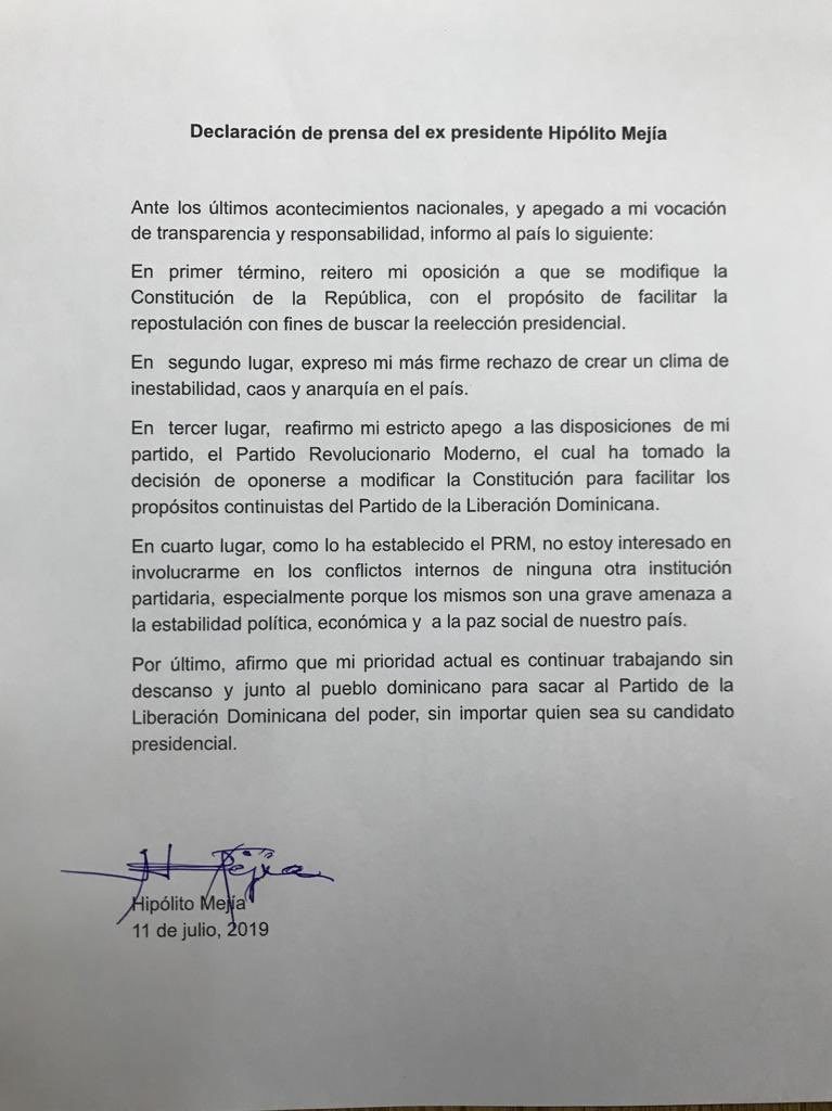 (Documento Integro) Hipólito Mejía reitera su rechazo a modificación a la Constitución