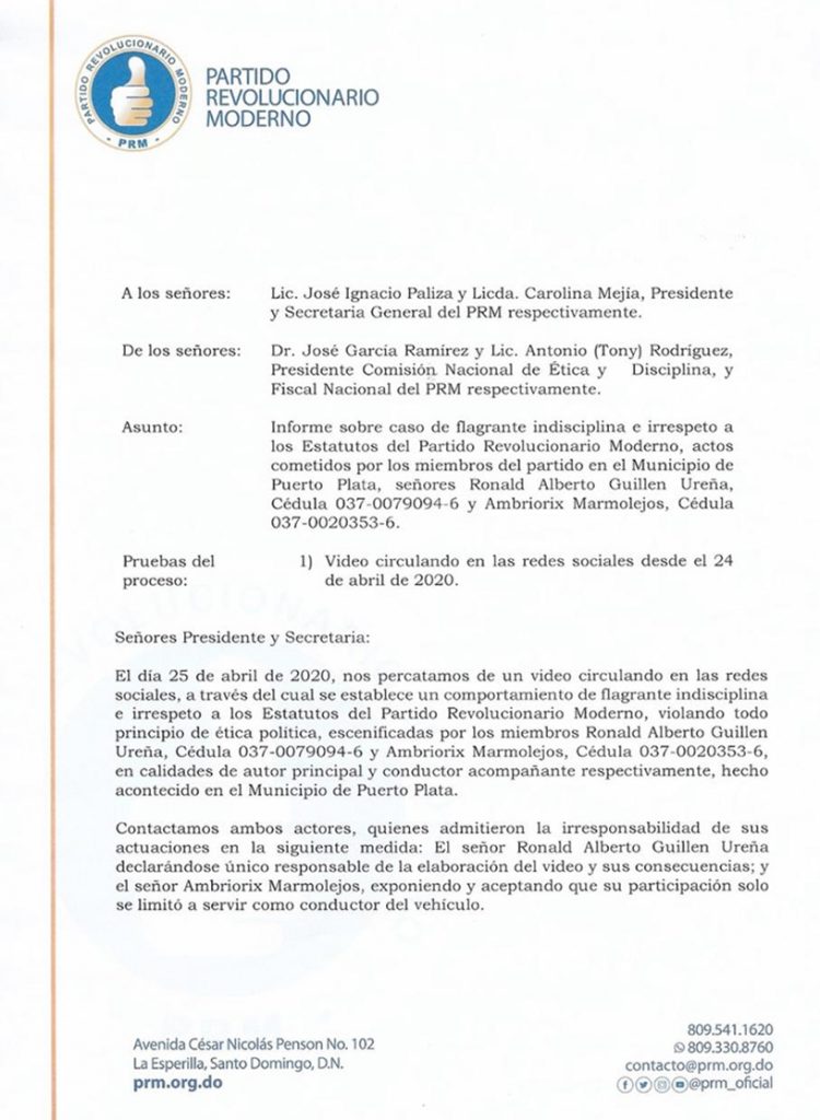 Informe de la Comisión de Ética y Control del @PRM_Oficial sobre Caso Puerto Plata
