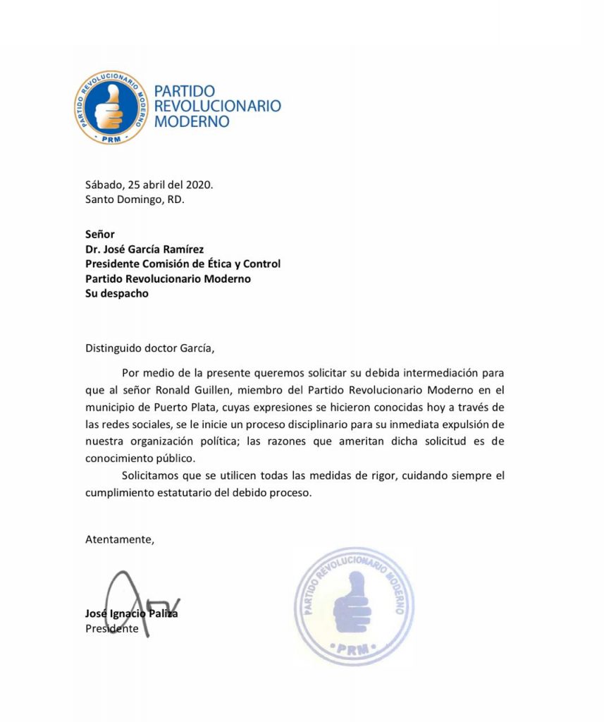 José Paliza solicita proceso disciplinario ante la comisión de Ética y Control @PRM_Oficial