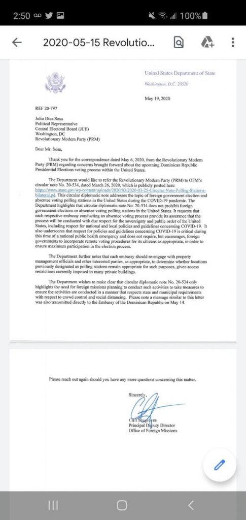 @orlandojm: Carta del Departamento de Estado de EUA al @PRM_Oficial que confirma dominicanos pueden votar presencialmente en territorio Americano