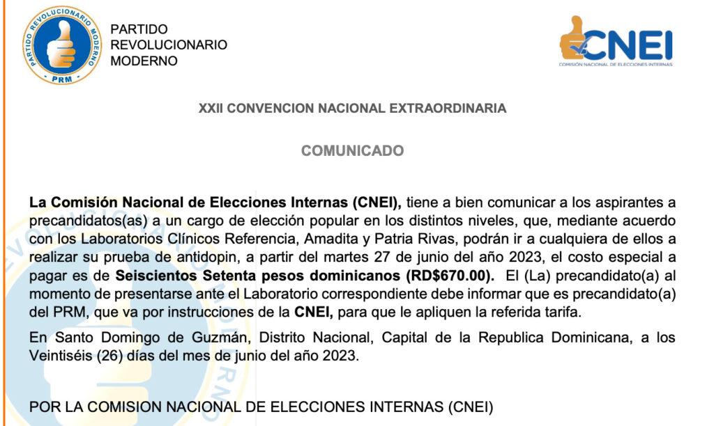 Comunicado: Laboratorios pruebas AntiDopin @PRM_Oficial con Pagos Módicos