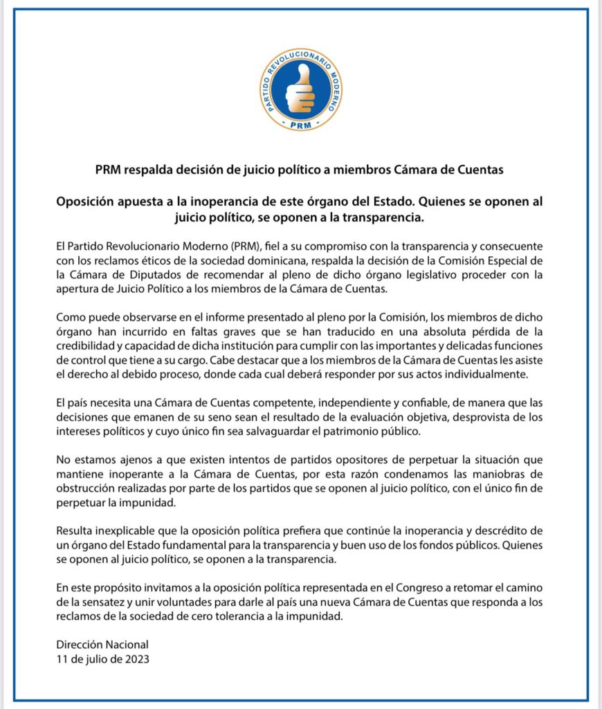 @PRM_Oficial respalda decisión de juicio político a miembros Cámara de Cuentas