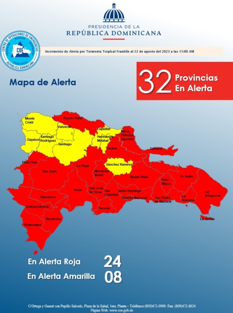 COE: 14 provincias en alerta roja y 18 en amarilla por tormenta Franklin