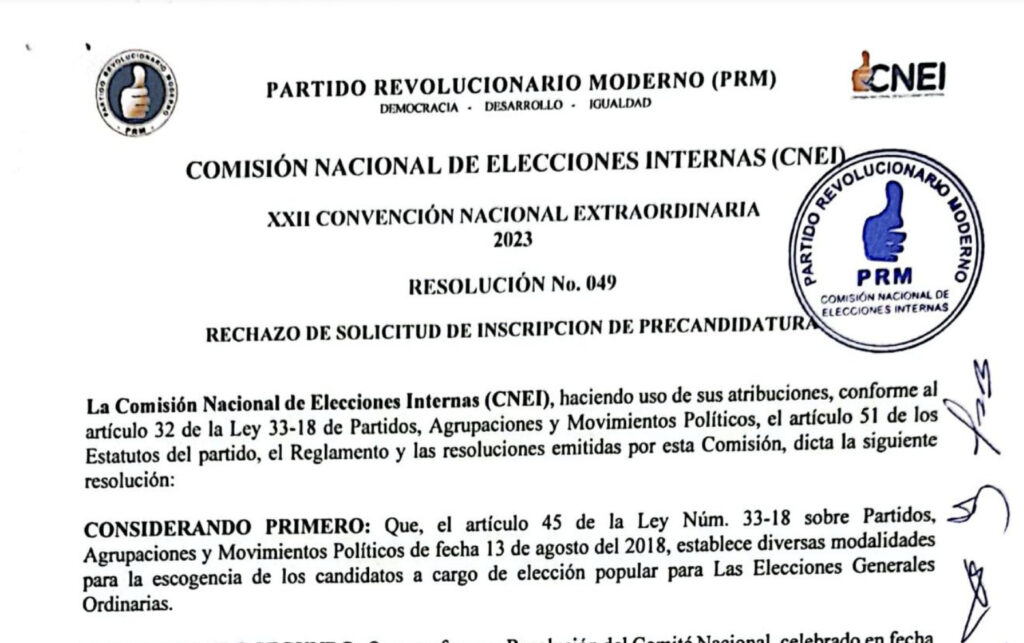 Con Resolución 049 @PRM_Oficial Rechaza Inscripción de Precandidaturas