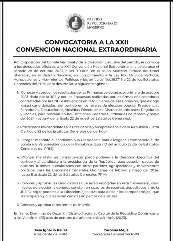 @PRM_OFICIAL convoca sus delegados oficiales a la “XXII Convención Nacional Extraordinaria” Lista de actividades