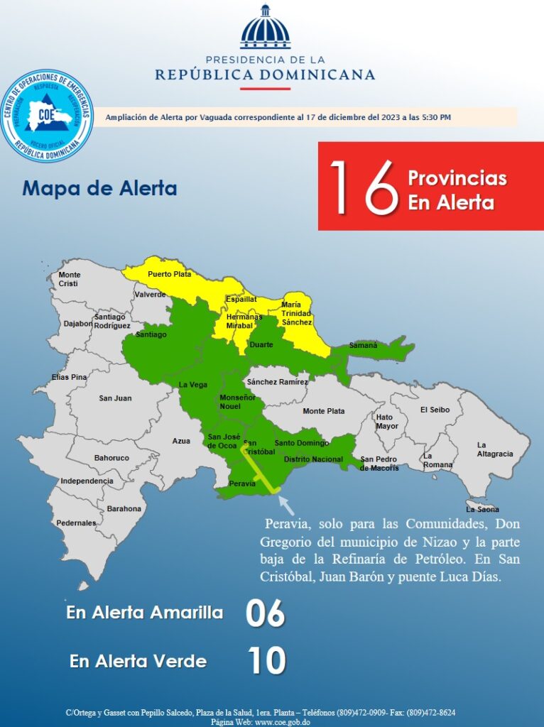 El @COE_RD amplia a 16 las provincias en alerta amarilla y verde por posible crecida de ríos, arroyos y cañadas