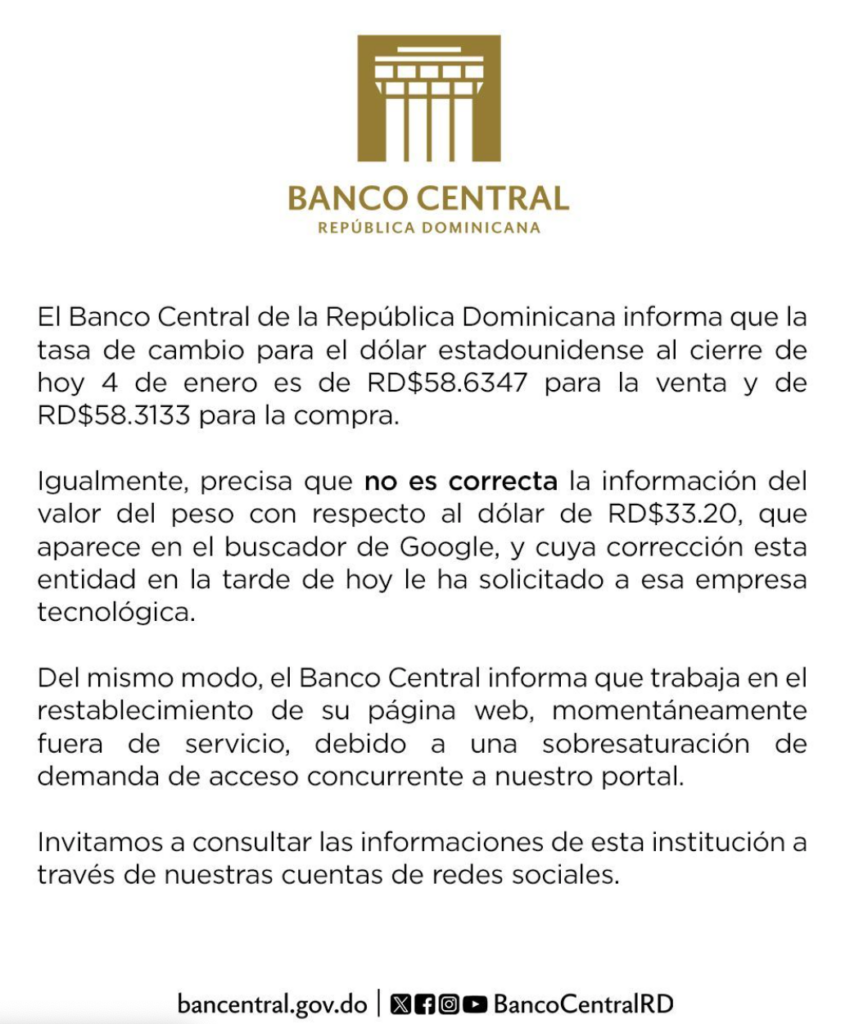 @BancoCentralRD informa tasa de cambio al dia de hoy 58.63 Venta y 58.31 compra