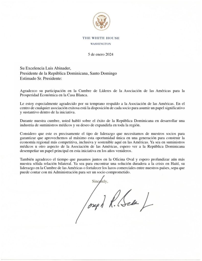 @HomeroFigueroaG: @JoeBiden Agradece a @LuisAbinader su participación en la Cumbre de las Américas y lo felicita por su gran liderazgo en la región