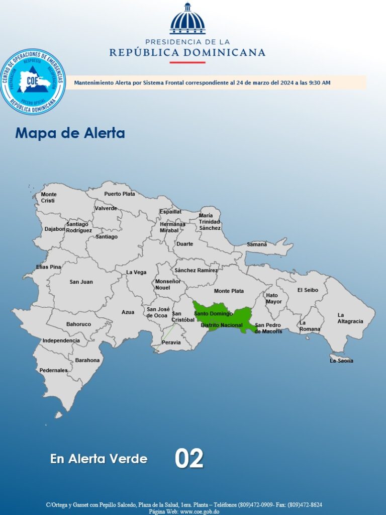 El COE_RD mantiene 02 provincias en alerta verde