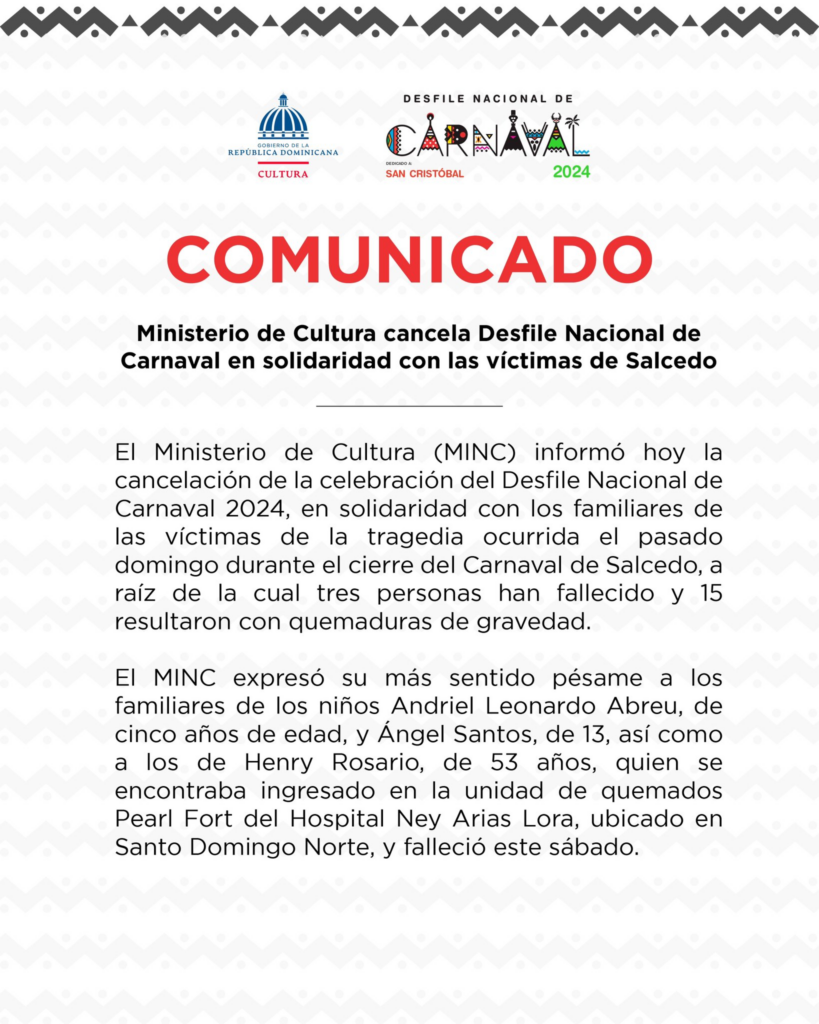 Ministerio de Cultura cancela Desfile Nacional de Carnaval, en solidaridad con las víctimas de Salcedo