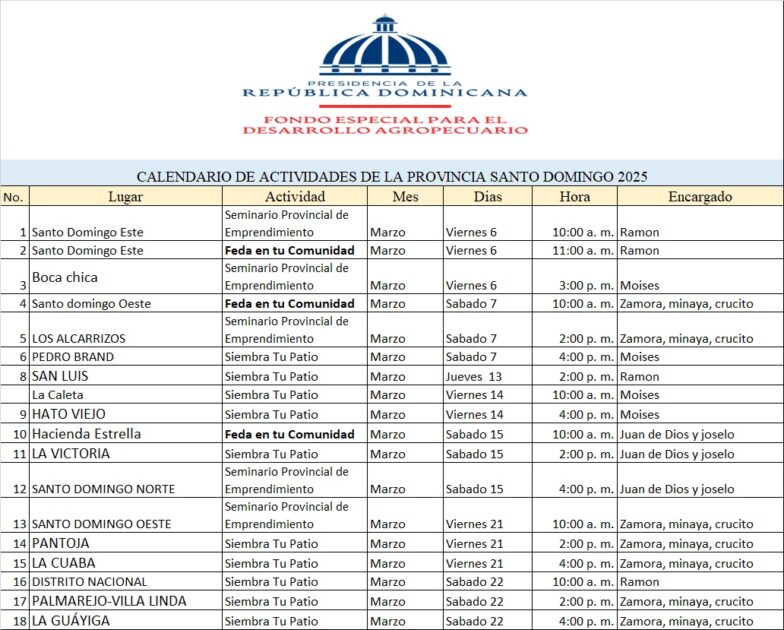 @CaamanoVive Hecmilio Galván Cronograma de actividades del @Feda_RDen Marzo en la Provincia Santo Domingo