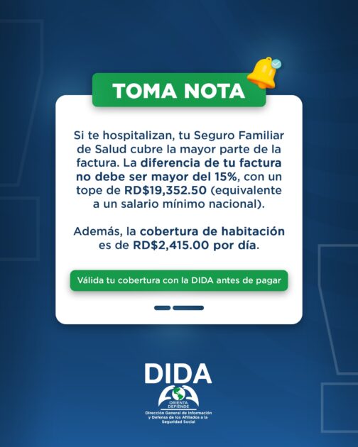 @DIDA_RDO Si te hospitalizan, tu Seguro Familiar de Salud cubre gran parte de la factura. La diferencia a pagar no debe superar el 15%, con un tope de RD$19,352.50