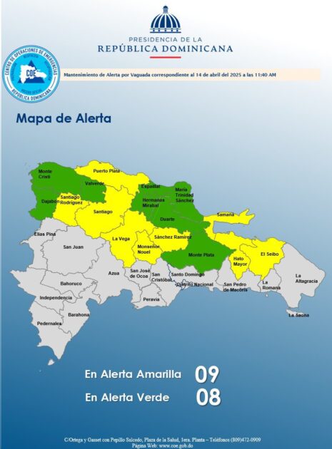 @COE_RD El COE mantiene 09 provincias en alerta amarilla y aumenta 08 en verde
