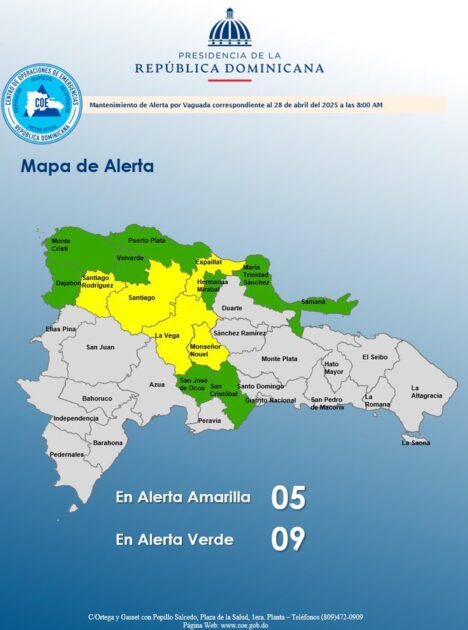 @COE_RD mantiene 05 provincias en alerta amarilla y 09 en verde