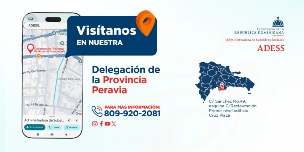 @AdessRD Cómo llegar a nuestra Delegación Provincia Peravia, C/ Sánchez No.49, esquina c/ Restauración. Primer nivel edificio Cruz Plaza.