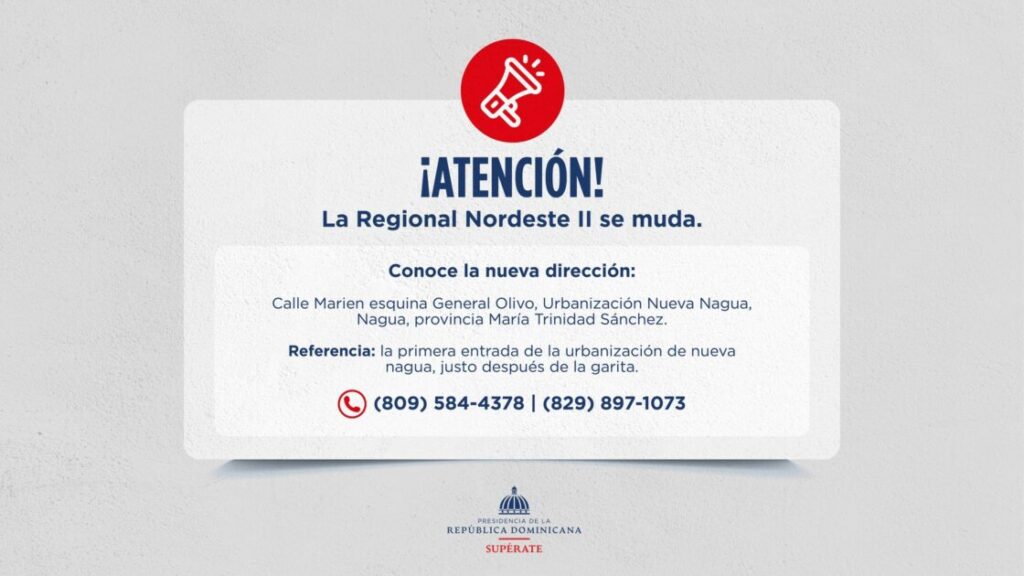 @SuperateRDO Les informamos que la Regional Nordeste II de #Supérate cambia de dirección a la calle Marien esquina General Olivo, urbanización Nueva Nagua, Nagua, provincia María Trinidad Sánchez