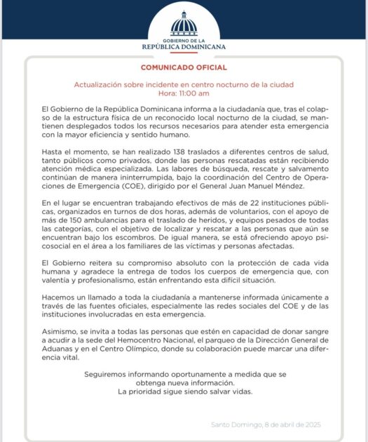 COMUNICADO OFICIAL|Actualización sobre incidente en centro nocturno Jet Set de la ciudad DN, RD|Hora 11:00 am