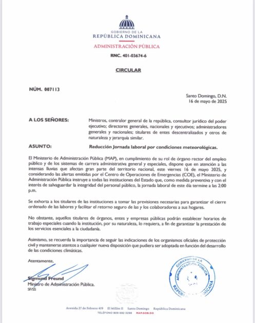 @SigmundFreund Ante las lluvias intensas y las alertas del COE, hemos dispuesto que este viernes 16 de mayo la jornada laboral en el Estado finalice a las 2:00 p.m.