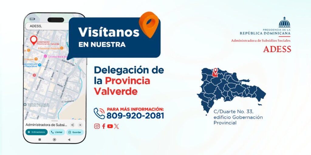 @AdessRD informa cómo llegar a nuestra Delegación Provincia Valverde, C/ Duarte No. 33, edificio Gobernación Provincial