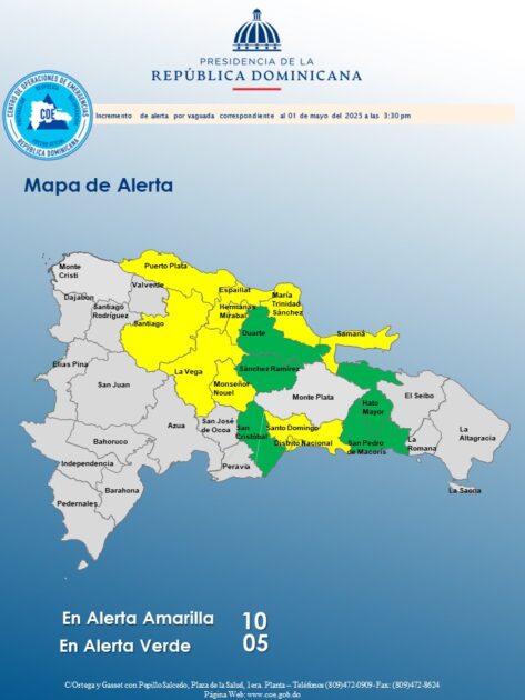 @COE_RD aumenta 09 provincias y al Distrito Nacional en alerta amarilla y mantiene 05 en verde,