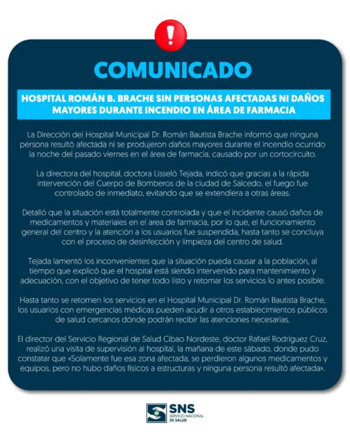 @DrMarioLama @SNSRDO Hospital Román B. Brache sin personas afectadas ni daños mayores durante incendio en área de farmacia