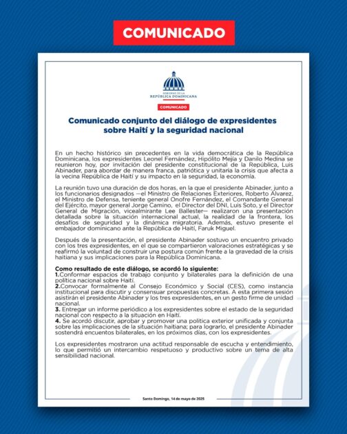 @HomeroFigueroaG COMUNICADO CONJUNTO | Temas tratados en el encuentro sostenido por el presidente de la República @LuisAbinader y expresidentes  sobre tema haitiano