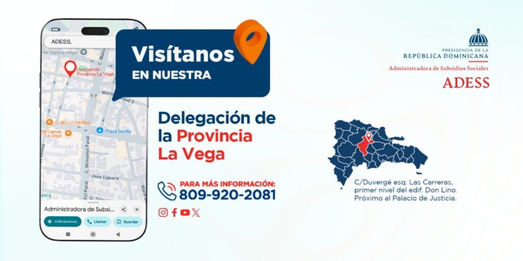 @AdessRD Cómo llegar a nuestra Delegación Provincia La Vega, C/Duvergé esquina Las Carreras, primer nivel del edificio Don Lino. Próximo al Palacio de Justicia