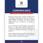 Comunicado @MIREXRD República Dominicana repudia enérgicamente el atentado perpetrado contra el senador y precandidato presidencial colombiano Miguel Uribe Turbay y expresa su más profunda solidaridad con él, su familia y el pueblo de Colombia