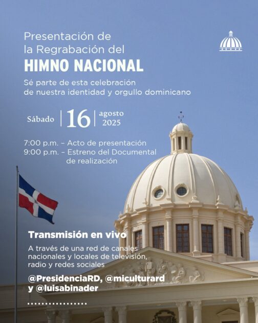 @RaquelPenaVice Sintoniza esta noche a las 7:00 p. m. la presentación de la regrabación del Himno Nacional en el Palacio Nacional, en un acto encabezado por el presidente @LuisAbinader