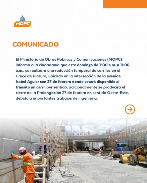 @RDMOPC Ministerio de Obras Públicas y Comunicaciones (MOPC) informa reducción temporal de carriles en el cruce de Pintura por avance de trabajos durante la mañana del domingo 17 de agosto