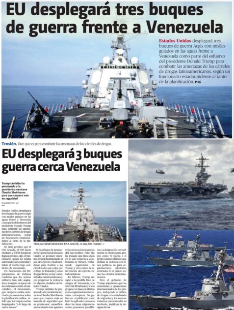 @G_Gomez Estados Unidos desplegará tres buques de guerra Aegis con misiles guiados en las aguas frente a Venezuela como parte del esfuerzo del Presidente Donald Trump para combatir las amenazas de los cárteles de drogas latinoamericanos