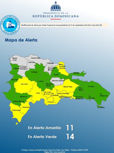 @COE_RD mantiene 10 provincias y al Distrito Nacional en alerta amarilla y 14 en verde