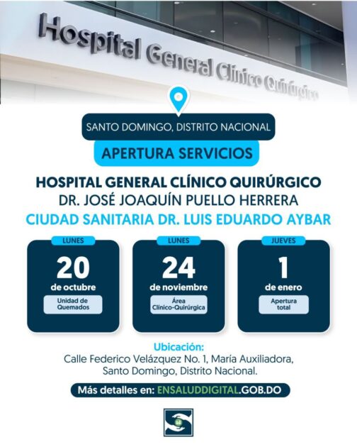 @SNSRDO presentamos el cronograma de apertura del Hospital General Clínico Quirúrgico Dr. José Joaquín Puello Herrera, localizado en la Ciudad Sanitaria Dr. Luis E. Aybar