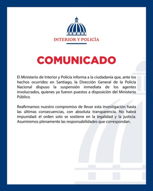 @FarideRaful: Ministerio del Interior y Policía @MinInteriorRD ha dispuesto suspensión inmediata de agentes actuantes en hechos ocurridos en SANTIAGO