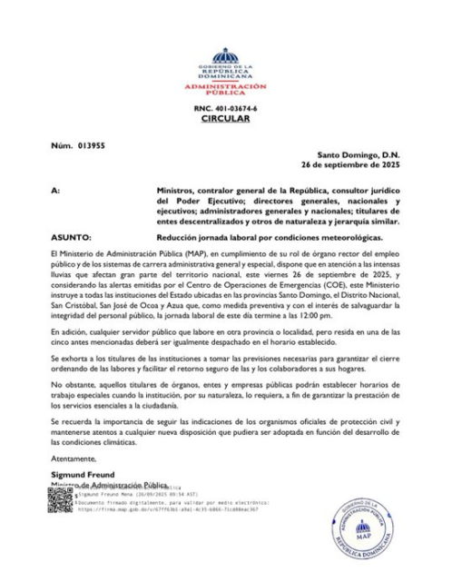 ¡AVISO! COMUNICADO @MAPRDO: Jornada laboral de hoy viernes 26 concluirá al mediodía por condiciones meteorológicas