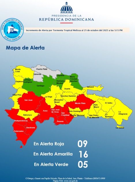 @COE_RD mantiene 09 provincias en alerta roja, 15 y el Distrito Nacional en amarilla y 05 en verde, debido a que que el Huracán Melissa, categoría 1