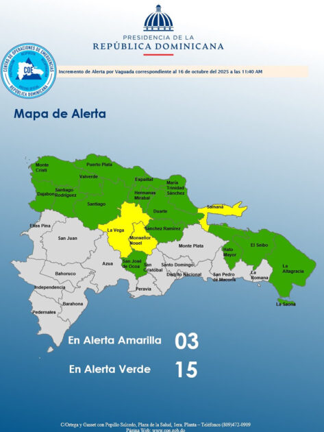 @COE_RD coloca 03 provincias en alerta amarilla y aumenta 15 en verde