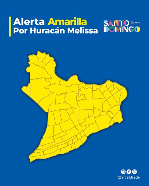 @AlcaldiaDN El @coe_rd declara al Distrito Nacional en alerta amarilla debido a que que el Huracán Melissa, categoría 1, en la tarde de hoy sábado, fue localizado, cerca de latitud 16.6 Norte, longitud 75.5 Oeste