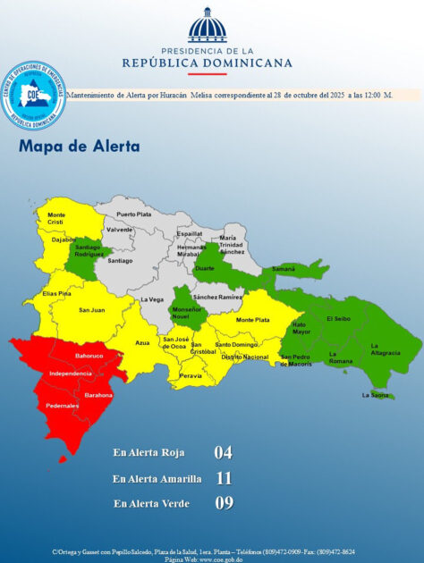 @COE_RD El COE mantiene 04 provincias en alerta roja, 10 y al Distrito Nacional en amarillo y 09 en verde, debido a que el huracán Melissa categoría 5 en la escala de Saffir-Simpson y se ubica en la latitud 17.9 Norte, longitud 77.9 Oeste, a unos 60 km al sureste de Negril (Jamaica)