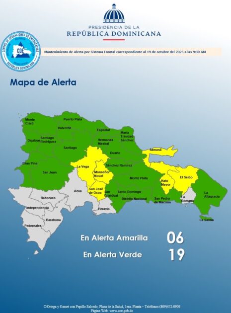 @COE_RD El COE mantiene 06 provincias en alerta amarilla y 18 y al Distrito Nacional en verde