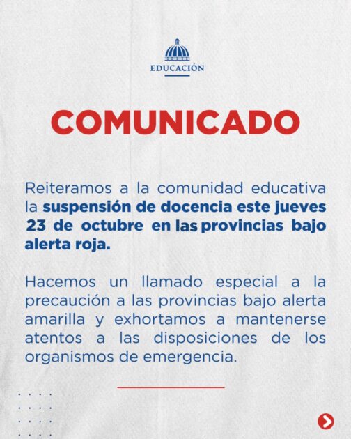 @EducacionRDO Atención comunidad educativa. La reanudación de la docencia será informada oportunamente por nuestros canales de comunicación oficiales