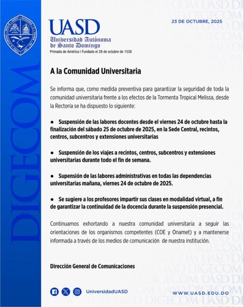 @UniversidadUASD Exhortamos a toda la familia universitaria a tomar las medidas de seguridad necesarias y a mantenerse atenta a los llamados de las autoridades pertinentes