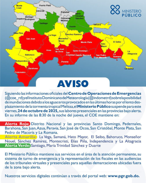 @ProcuraduriaRD mantiene sus servicios en el área de la atención permanente, su sistema de turno de emergencia y la representación de los fiscales en las audiencias de los tribunales virtuales y presenciales para aquellas demarcaciones ubicadas fuera de la zona bajo alerta