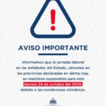 @MAPRDO Continúa la suspensión de la jornada laboral este viernes 24 de octubre en instituciones públicas del Distrito Nacional, Santo Domingo, San Cristóbal, Peravia, Azua, Barahona, Pedernales, San Juan, San José de Ocoa, La Romana, San Pedro de Macorís y Monte Plata