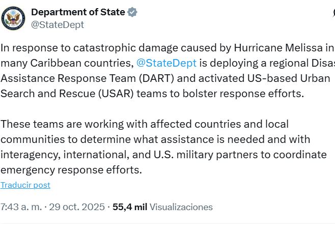 @StateDept EE. UU. enviará equipos de rescate (DART) al Caribe para asistir ante  “daños catastróficos” dejados por el huracán Melissa