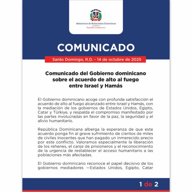 @MIREXRD comunicado del Gobierno dominicano sobre el acuerdo de alto al fuego entre Israel y Hamás