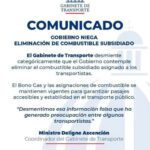 COMUNICADO| Gobierno DESMIENTE CATEGÓRICAMENTE planes eliminación del combustible subsidiado al sector transporte