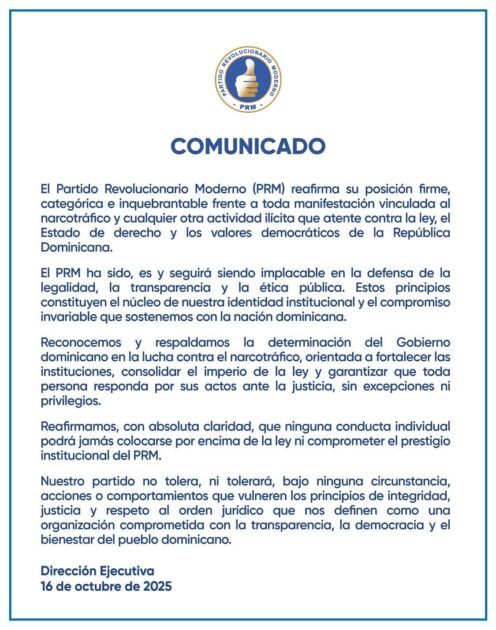 COMUNICADO @PRM_Oficial: “Reafirma su posición FIRME, CATEGÓRICA e INQUEBRANTABLE frente a toda manifestación vinculada al narcotráfico o cualquier otra actividad ilícita”