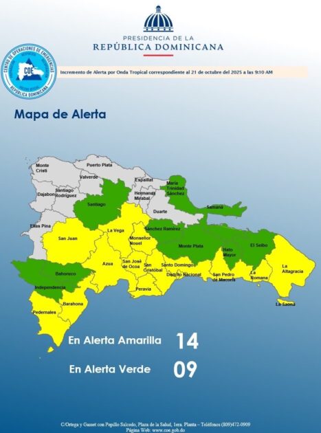 @COE_RD eleva alerta en 23 provincias ante posible formación ciclónica
